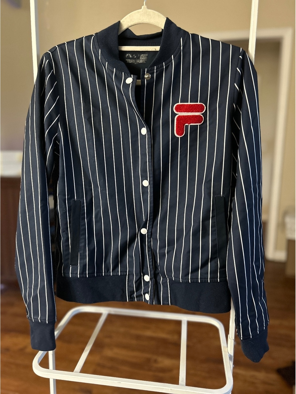 FILA Navy Blue Pinstripe Bomber Jacket with Red Logo Patch
